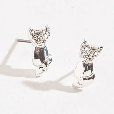 Silver Cat Pave Ear Sense Stud Earrings
