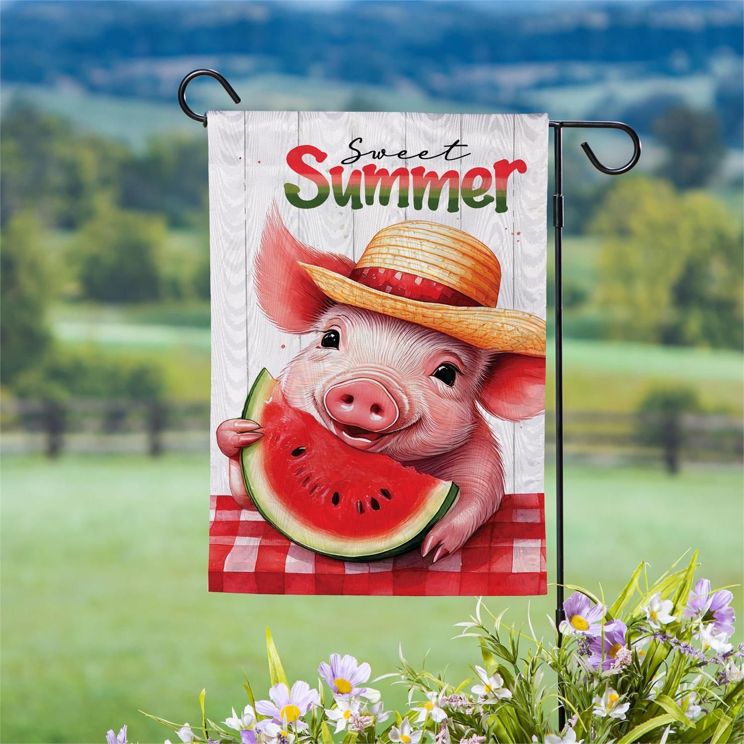 Sweet Summer Piggy Watermelon Moire Garden Flag