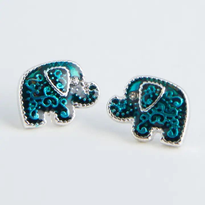 Ear Sense Silver and Turquoise Elephant Stud Earrings