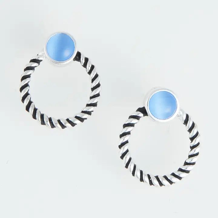 Ear Sense Silver Antique Rope Circle Blue Cateye Earrings
