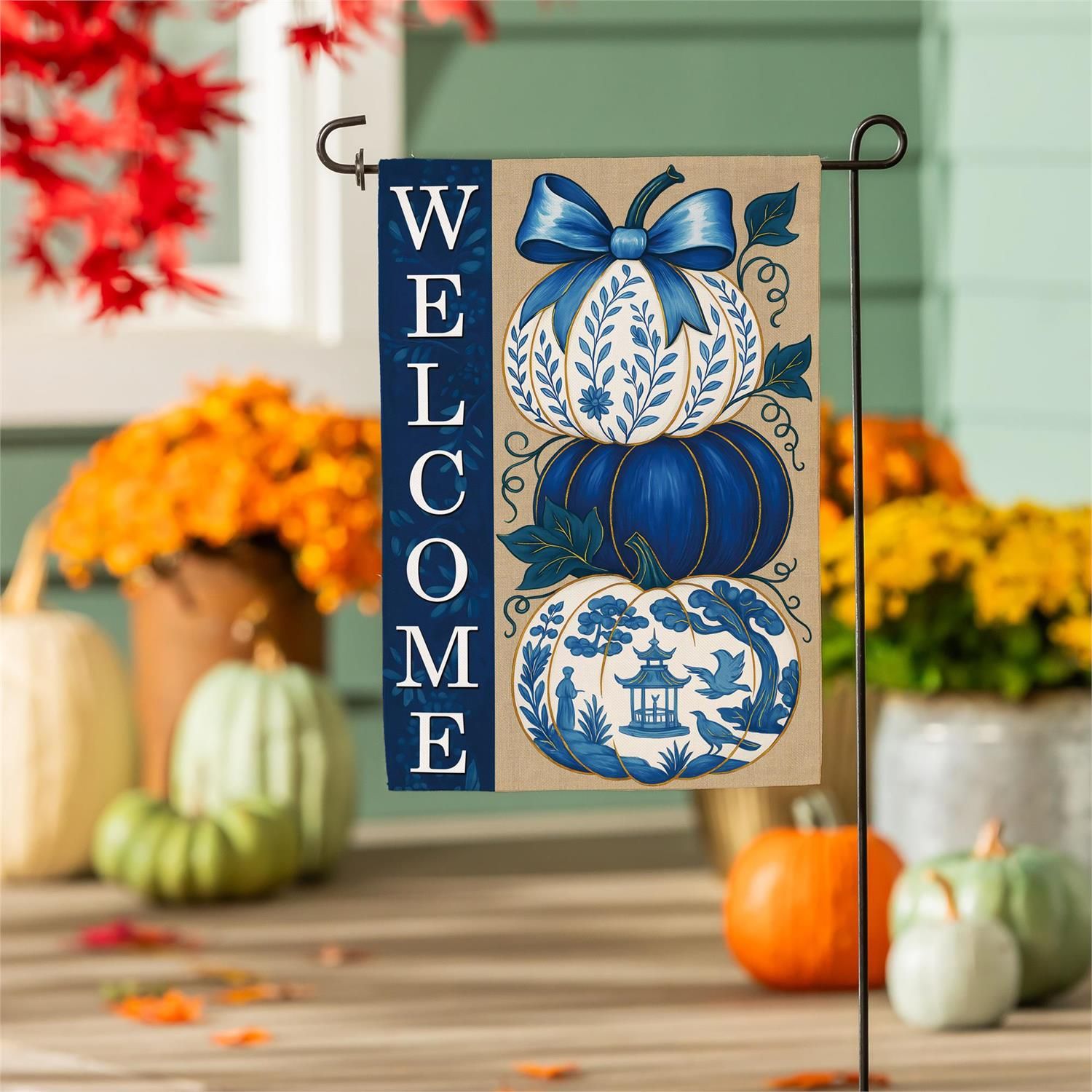 Chinoiserie Welcome Pumpkin Burlap Flag Garden