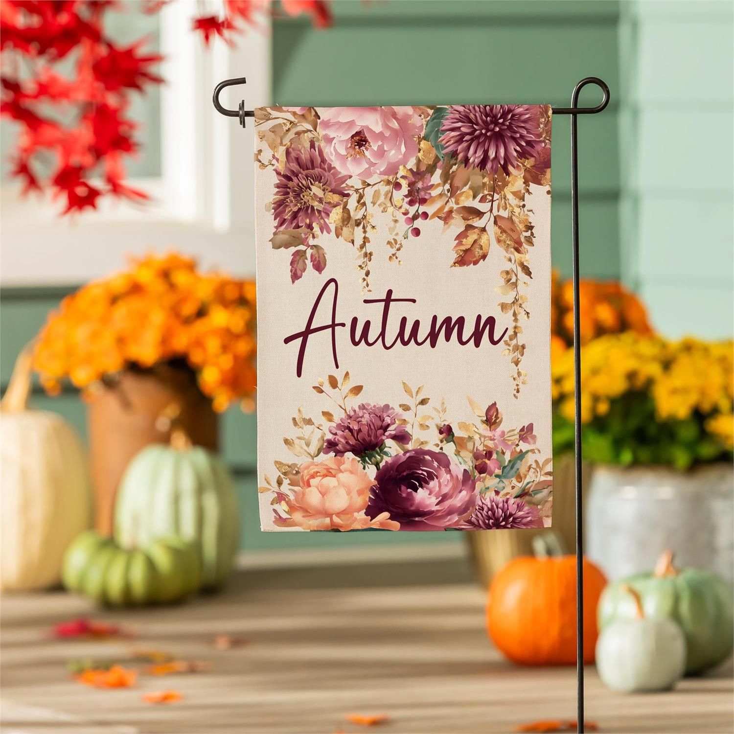 Autumn Florals Burlap Flag Garden