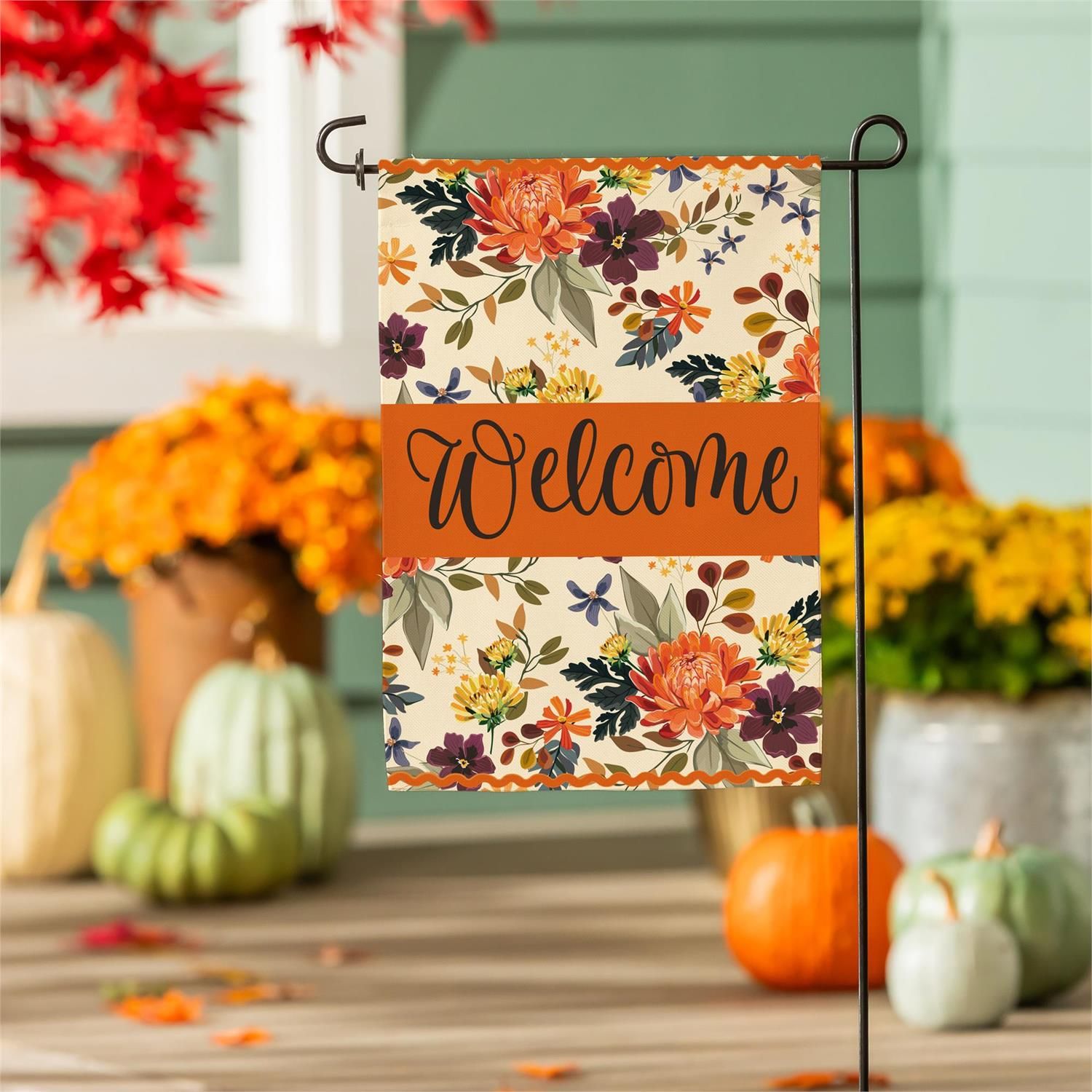Fall Floral Welcome Burlap Flag Garden