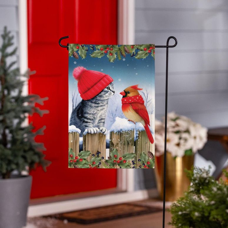 Kitten &amp; Cardinal Winter Friends Flag