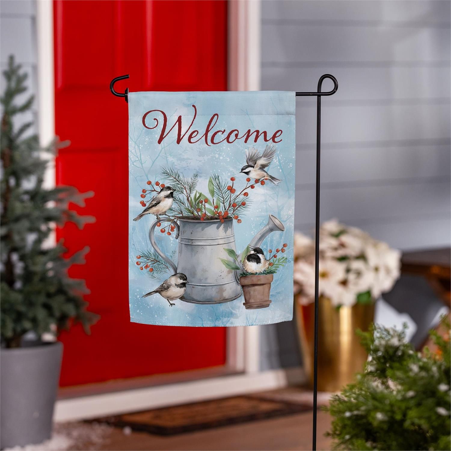 Snowbirds Chickadee Watering Can Suede Flag Garden