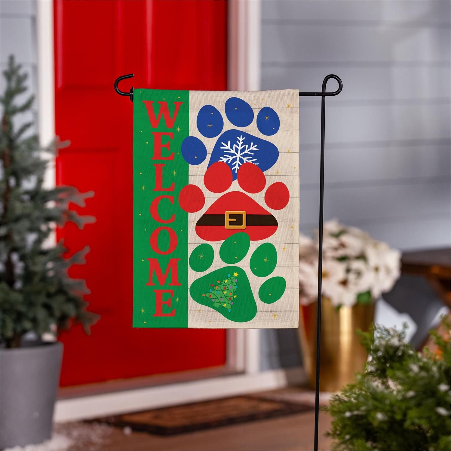 Christmas Pawprint Trio Burlap Flag Garden