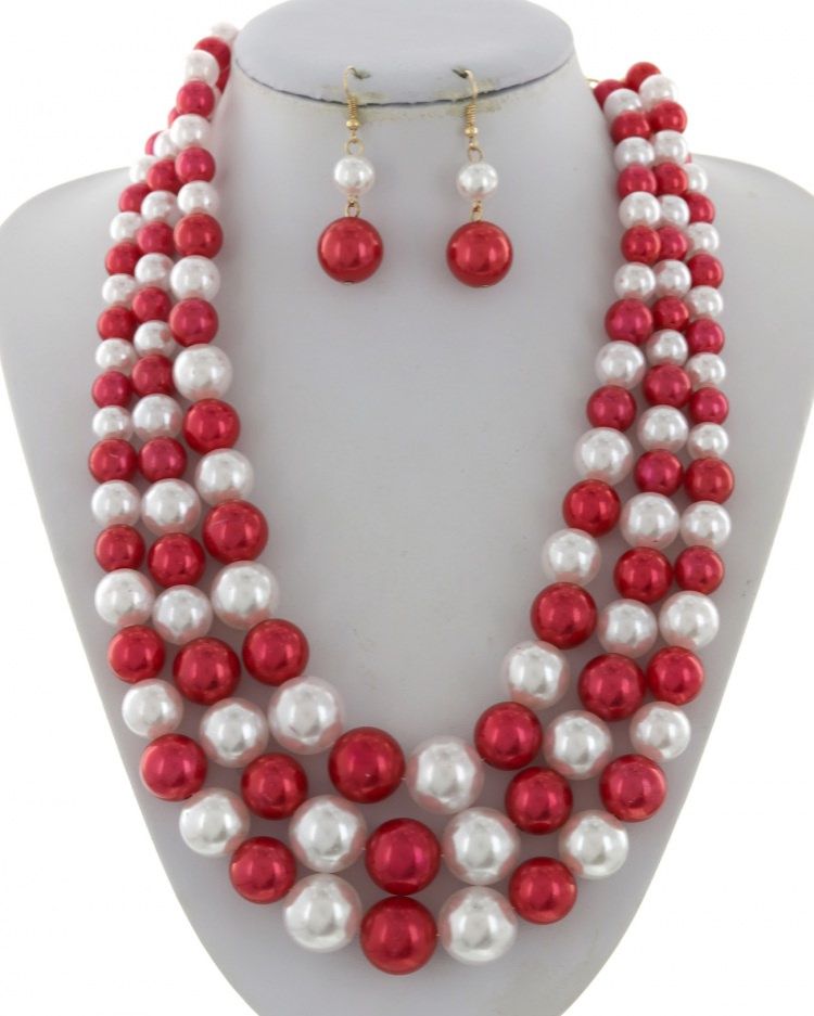 3 STRANDS PEARL - SYNTHETIC GRADUATING NECKLACE &amp; EARRING SET