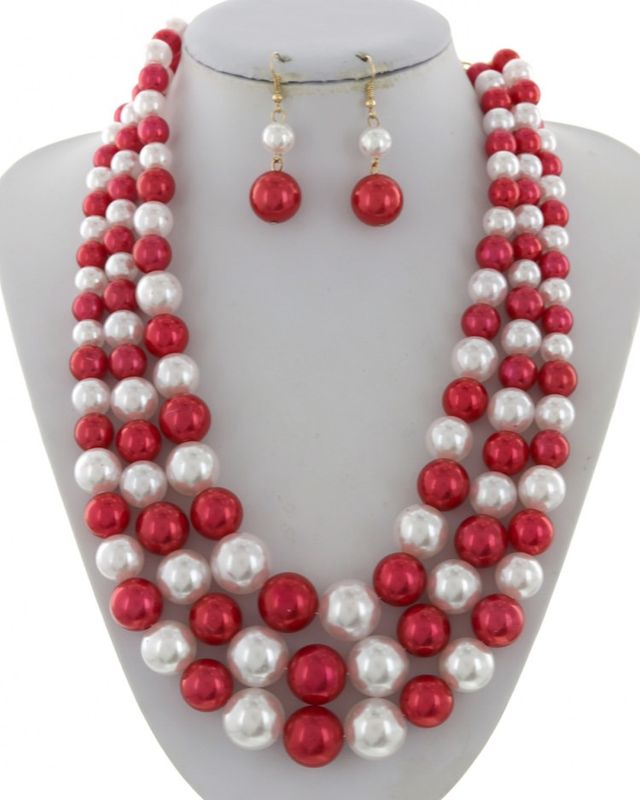 3 STRANDS PEARL - SYNTHETIC GRADUATING NECKLACE &amp; EARRING SET