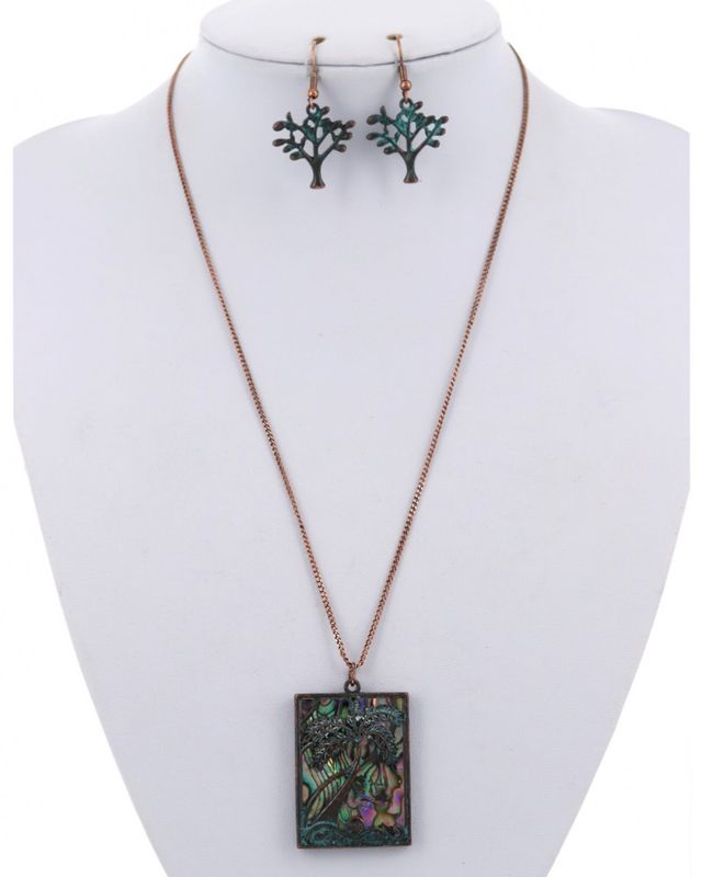 ABALONE METAL PENDANT NECKLACE &amp; EARRING SET