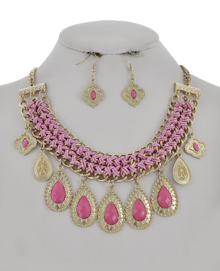 STATEMENT ACRYLIC THREAD CHARM NECKLACE &amp; EARRING SET