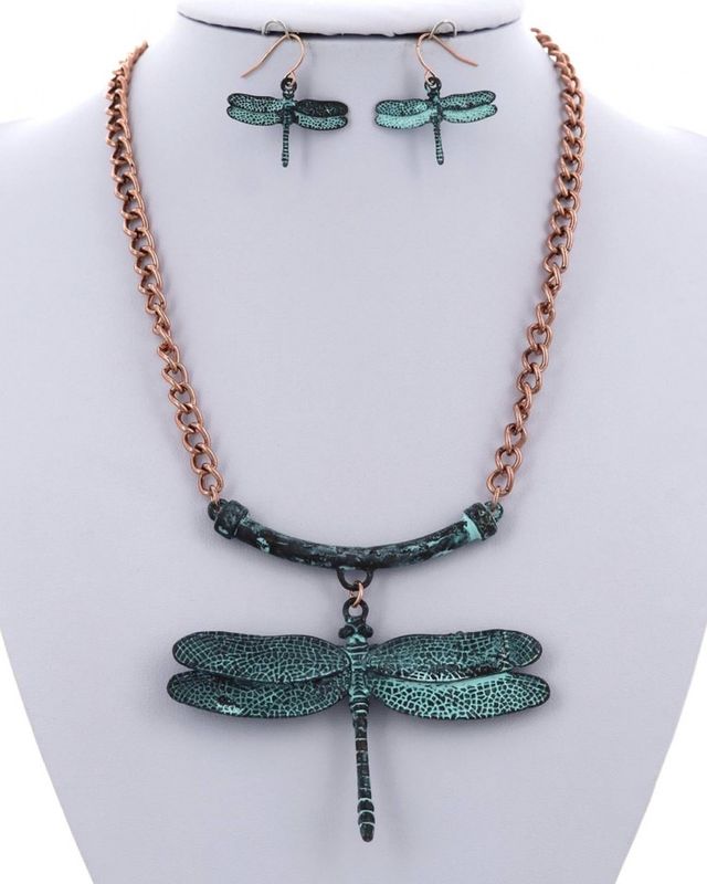 DRAGONFLY METAL PENDANT NECKLACE &amp; EARRING SET