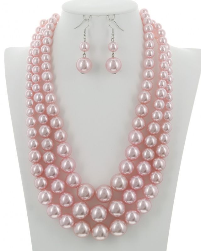 3 STRANDS PEARL - SYNTHETIC GRADUATING NECKLACE &amp; EARRING SET
