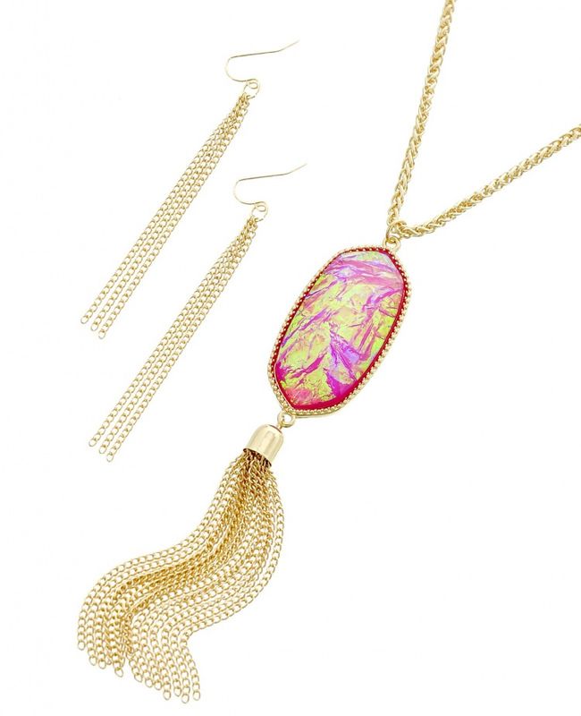 ACRYLIC OPAL PENDANT NECKLACE &amp; EARRING SET