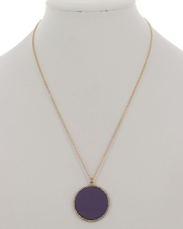 RHINESTONE FAUX LEATHER ROUND PENDANT NECKLACE