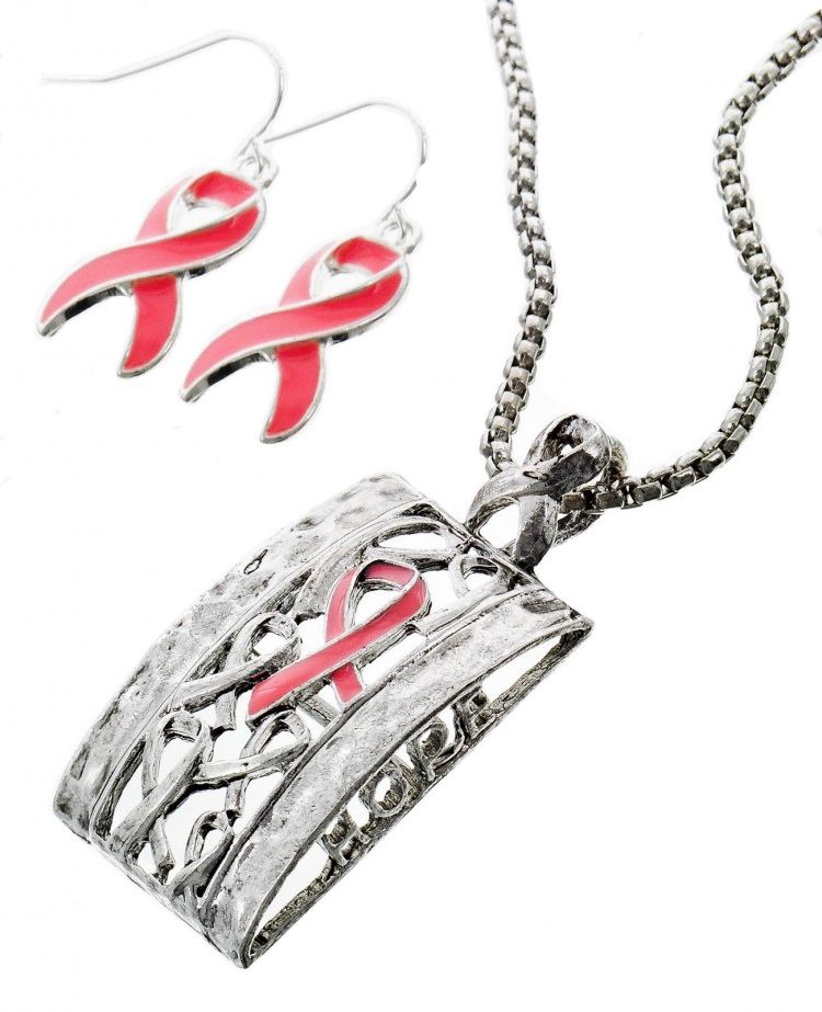 CANCER RIBBON  NECKLACE &amp; EARRING SET