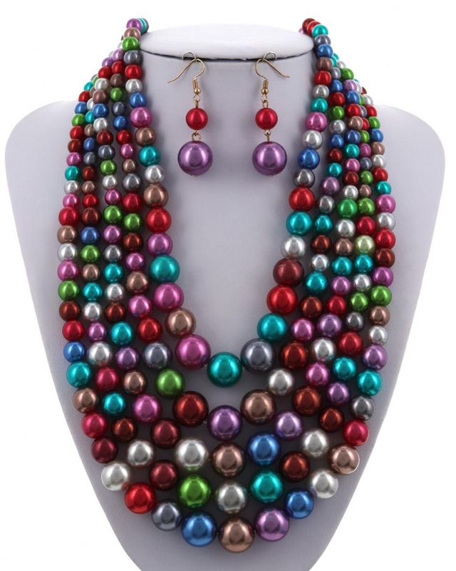MULTI STRAND METAL PEARL - SYNTHETIC NECKLACE &amp; EARRING SET