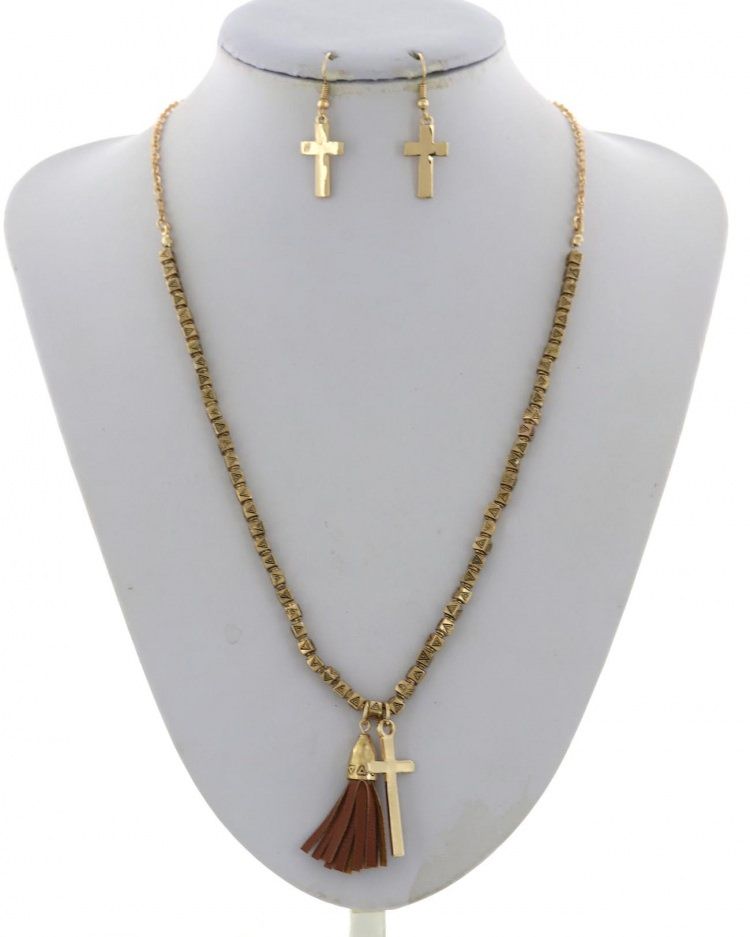 RELIGIOUS LEATHERETTE PENDANT NECKLACE &amp; EARRING SET