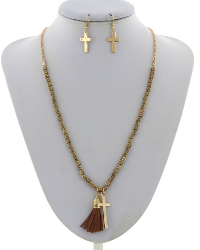 RELIGIOUS LEATHERETTE PENDANT NECKLACE &amp; EARRING SET