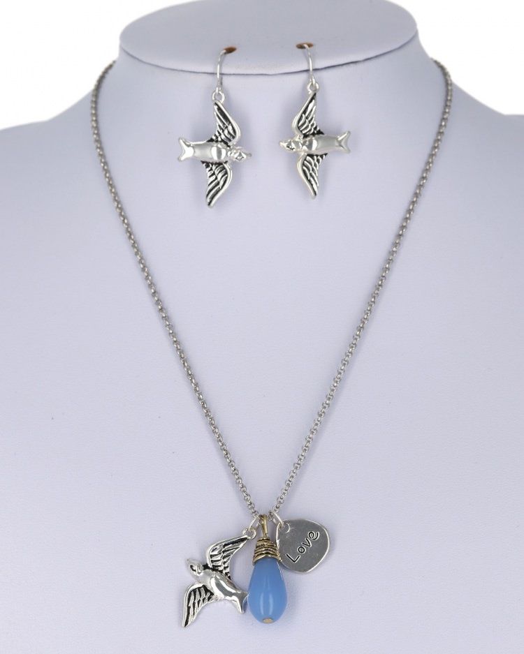 BIRDS AND LOVE CHARM NECKLACE &amp; EARRING SET