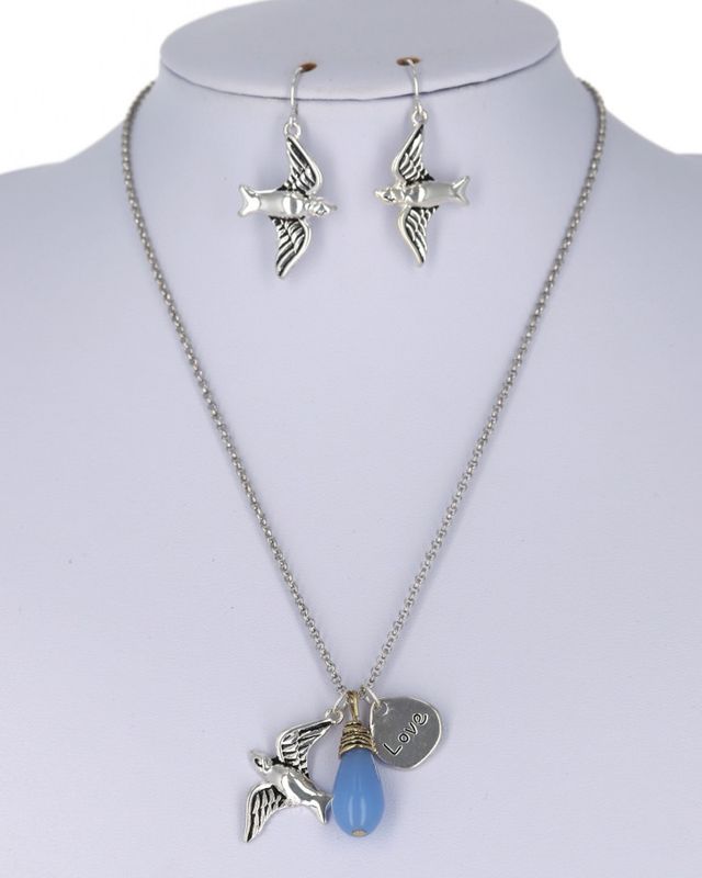 BIRDS AND LOVE CHARM NECKLACE &amp; EARRING SET