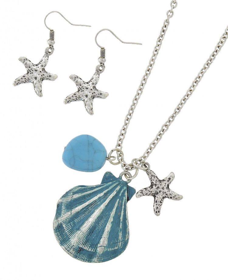 SHELL STARFISH ACRYLIC PENDANT NECKLACE &amp; EARRING SET