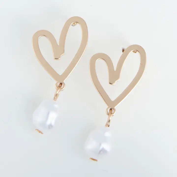 Ear Sense Gold Heart and Pearl Drop Earrings