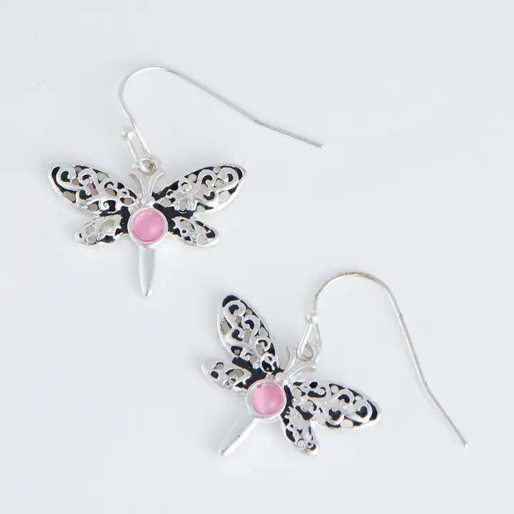 Ear Sense Silver Dragonfly with Pink Stone Drop Earrings