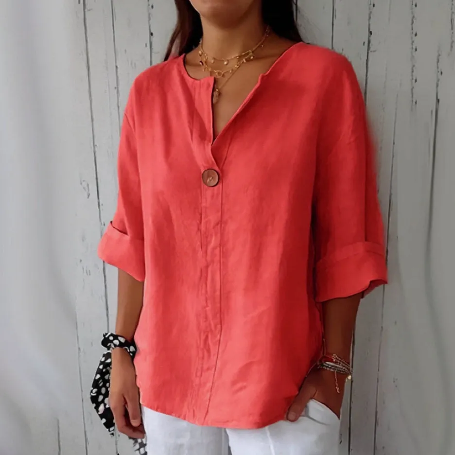 V-Neck Linen Button Loose T-Shirt