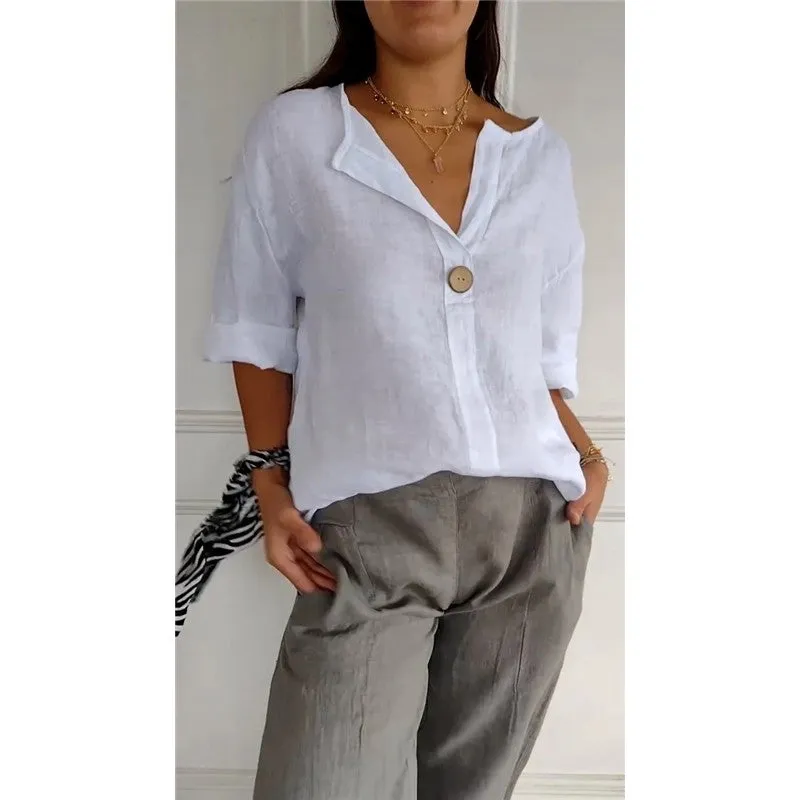 V-Neck Linen Button Loose T-Shirt