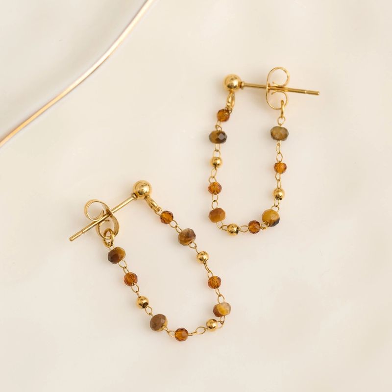 Waterproof Earrings Gemstone Beaded Drop Narelle Gold Tiger's Eye