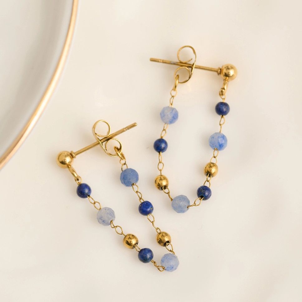 Waterproof Earrings Gemstone Beaded Drop Narelle Gold Lapis Lazuli