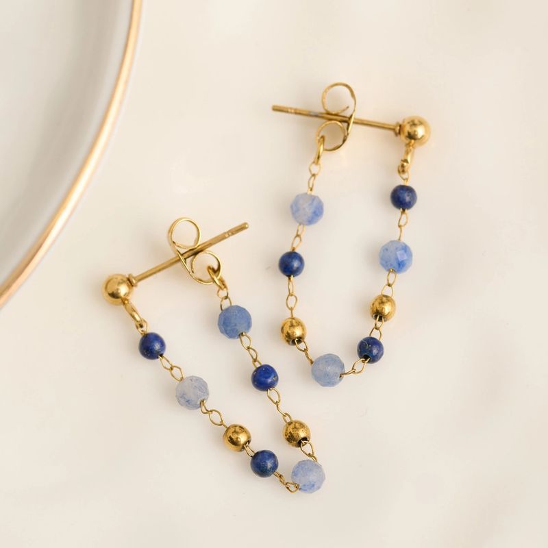 Waterproof Earrings Gemstone Beaded Drop Narelle Gold Lapis Lazuli