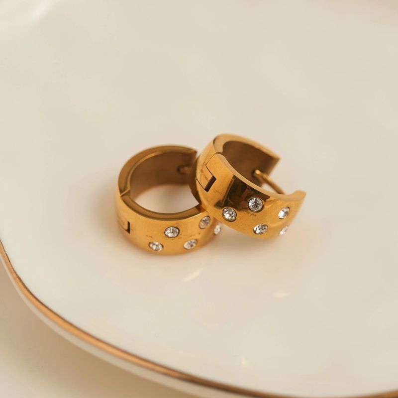 Waterproof Earrings Inlay Cubic Zirconia Hoops Gold &amp; Steel Gold