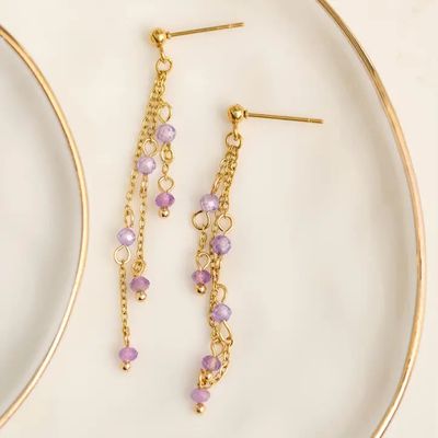 Waterproof Earrings Amethyst Drop Narelle Gold Beaded Chain