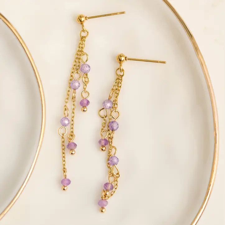 Waterproof Earrings Amethyst Drop Narelle Gold Beaded Chain