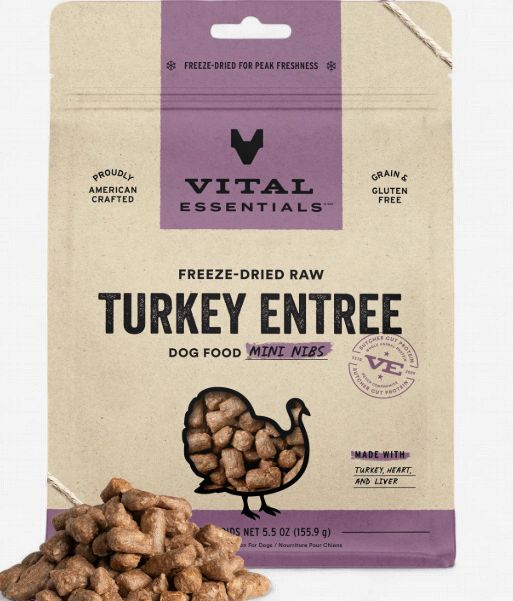 Vital Essentials Mini Nibs Raw Turkey Entrée Freeze-Dried Dog Food &amp; Topper, 5.5-oz bag