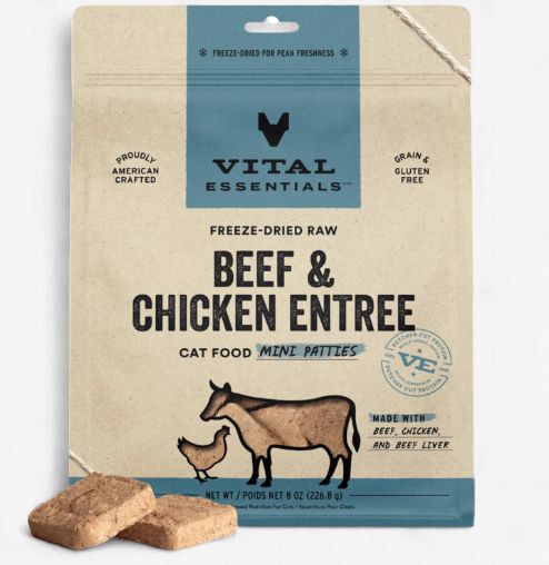 Vital Essentials Mini Patties Raw Beef &amp; Chicken Entrée Freeze-Dried Cat Food, 8-oz bag