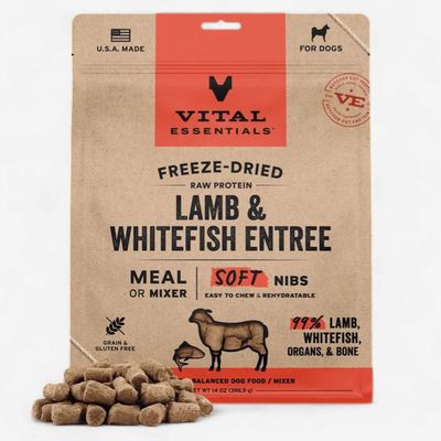 Vital Essentials Soft Nibs Raw Lamb &amp; Whitefish Entrée Freeze-Dried Dog Food &amp; Topper, 14-oz bag