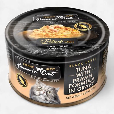 Fussie Cat Black Label Tuna with Prawns in Gravy 2.82 Oz