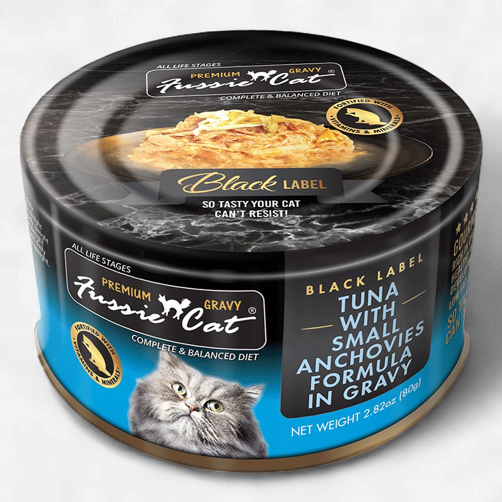 Fussie Cat Black Label Tuna with Small Anchovies in Gravy 2.82 Oz