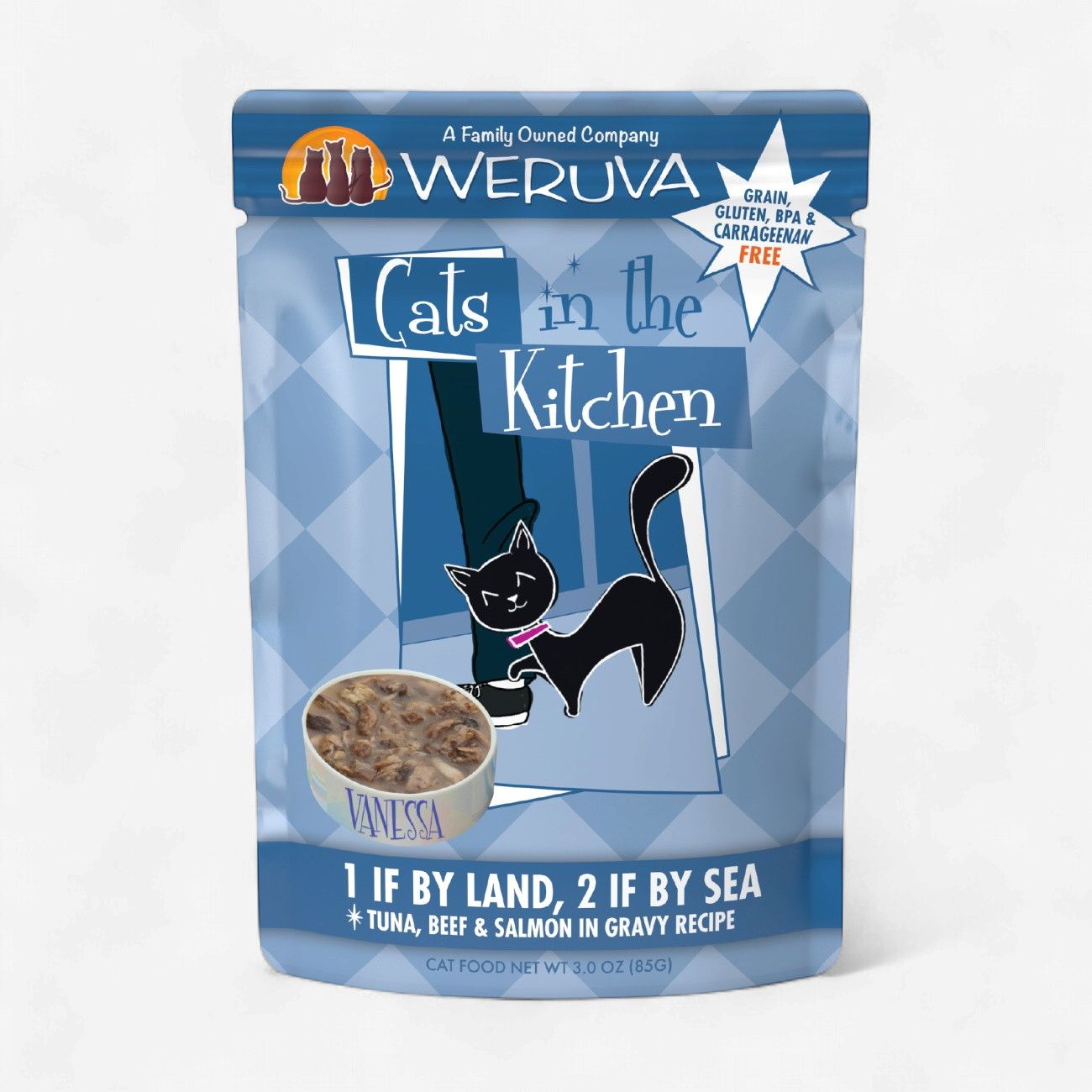 Weruva Cats in the Kitchen 1 If By Land, 2 If By Sea Tuna, Beef &amp; Salmon Recipe Grain-Free Cat Food Pouches, 3-oz pouch
