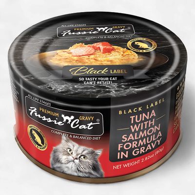 Fussie Cat Black Label Tuna with Salmon in Gravy