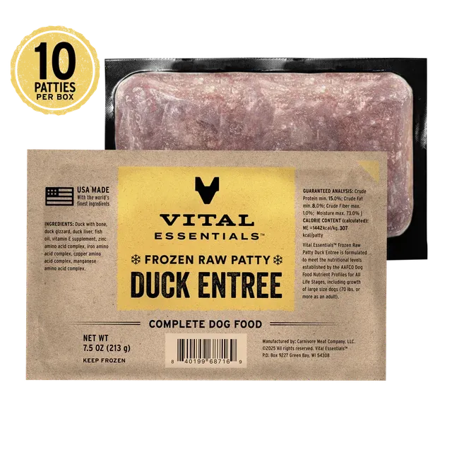 Vital Essentials Frozen Raw Duck Dog Food Patties 7.5 oz