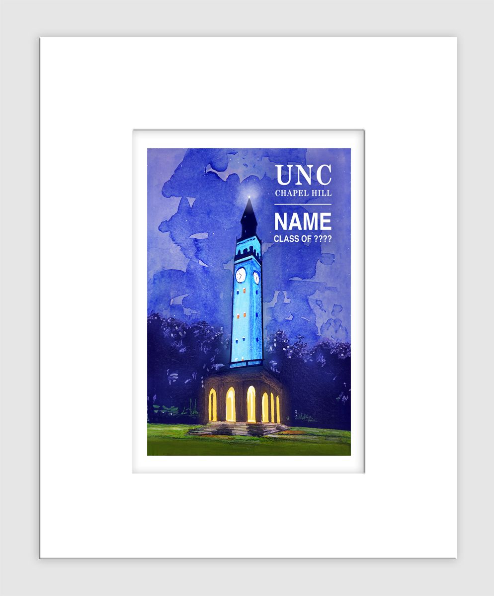 Chapel Hill, NC - Matted Print - University of North Carolina at Chapel Hill - Bell Tower Lit