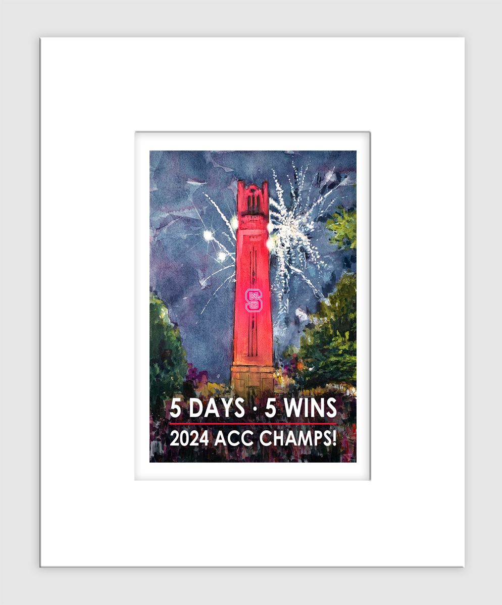 Raleigh, NC - Matted Print - NC State - Bell Tower Lit - 2024 Champs