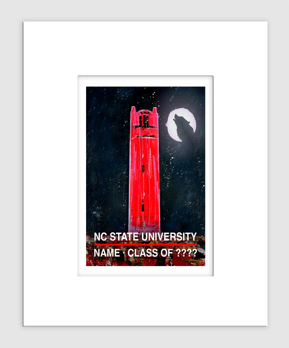 Raleigh, NC - Matted Print - NC State - Bell Tower Lit - Moon