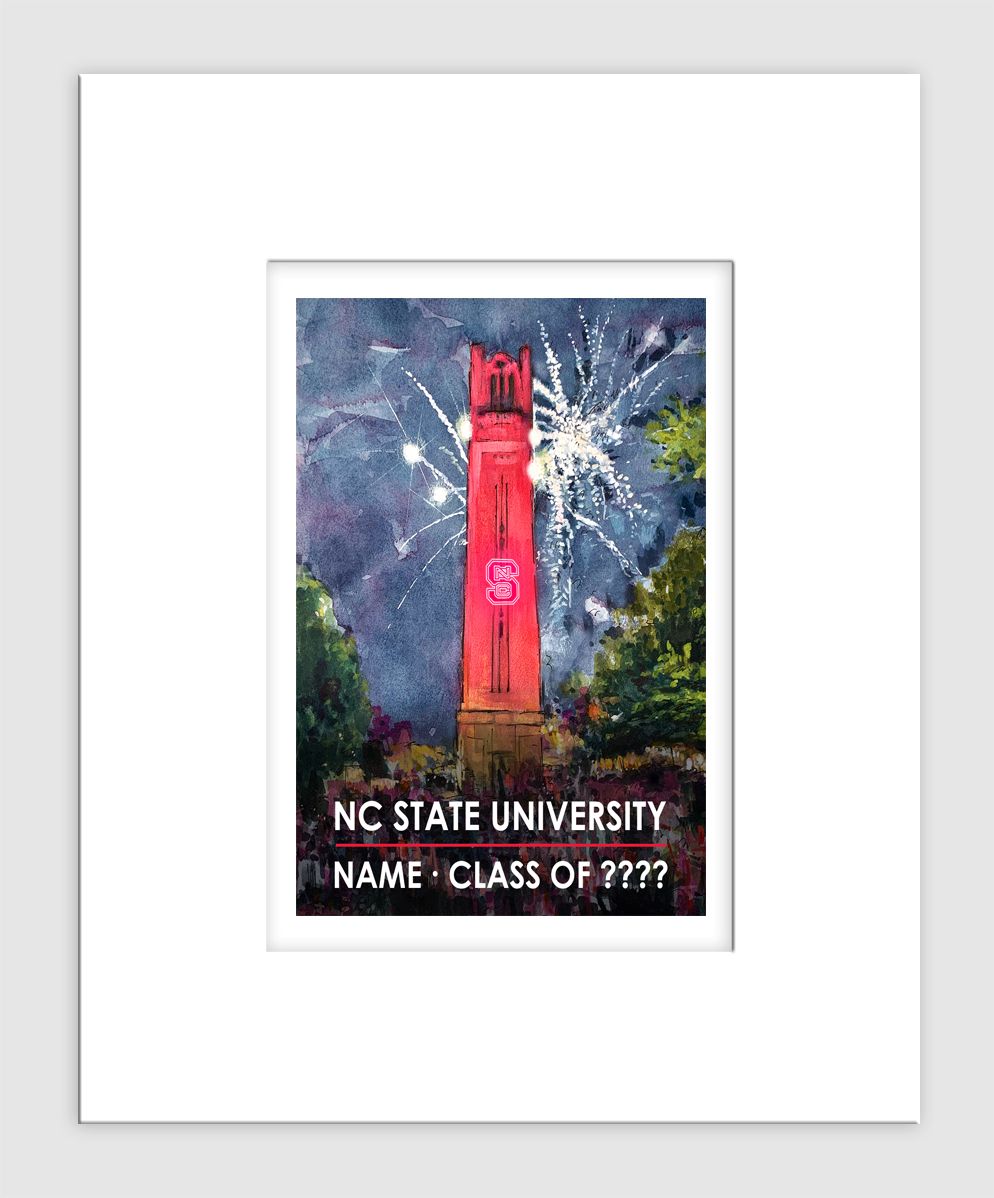 Raleigh, NC - Matted Print - NC State - Bell Tower Lit