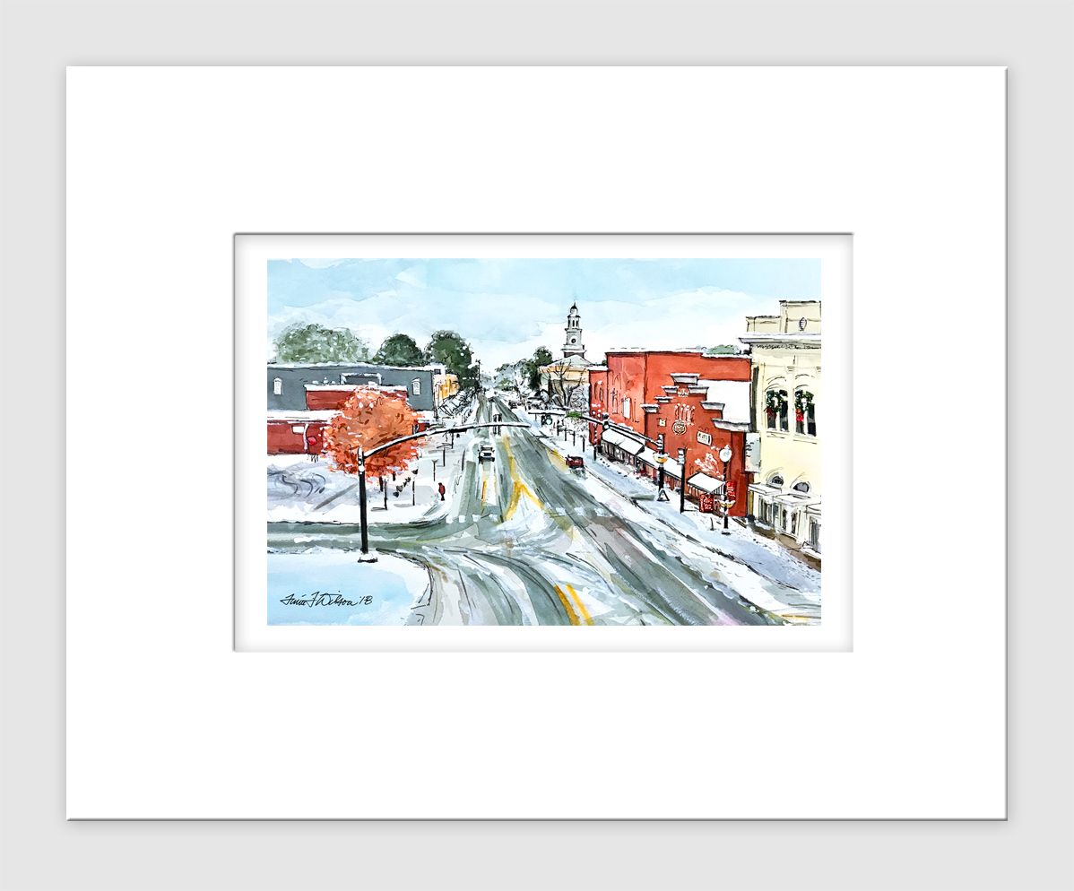 Apex, NC - Matted Print - Apex Snowy Day