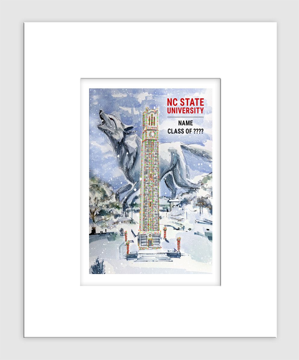 Raleigh, NC - Matted Print - NC State - Snowy Bell Tower