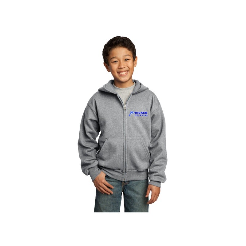 Youth Fleece Full-Zip Hooded Sweatshirt (Dicken Dolphins logo) Grey/White